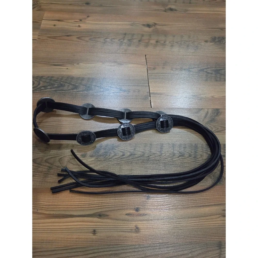 Boho Festival Hippie Black Leather Concho Belt Fringe Tie Silver Wrap Country